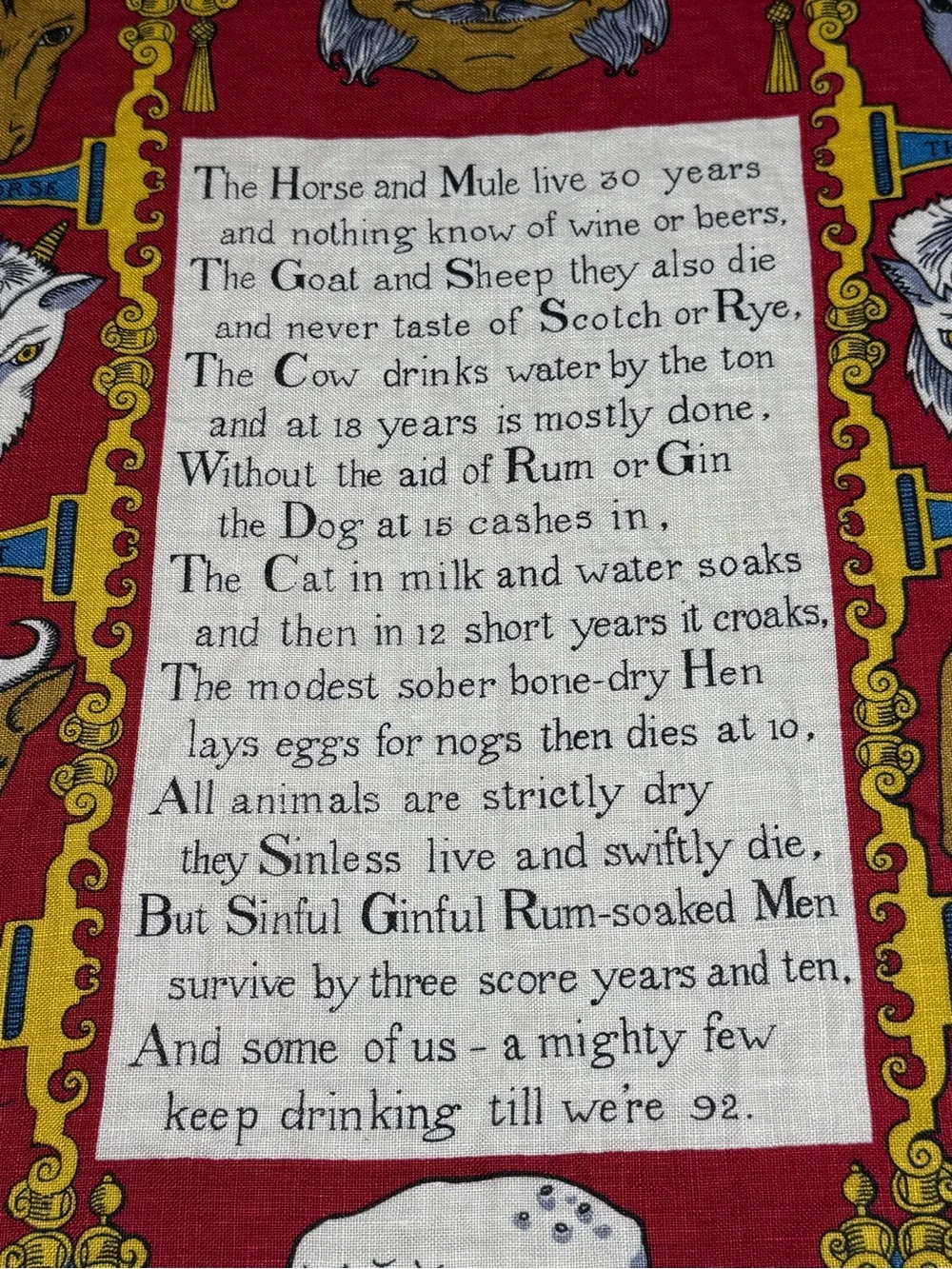 Vintage Irish Linen Tea Towel with Animal Motif and Poem - Red, Yellow, Blue